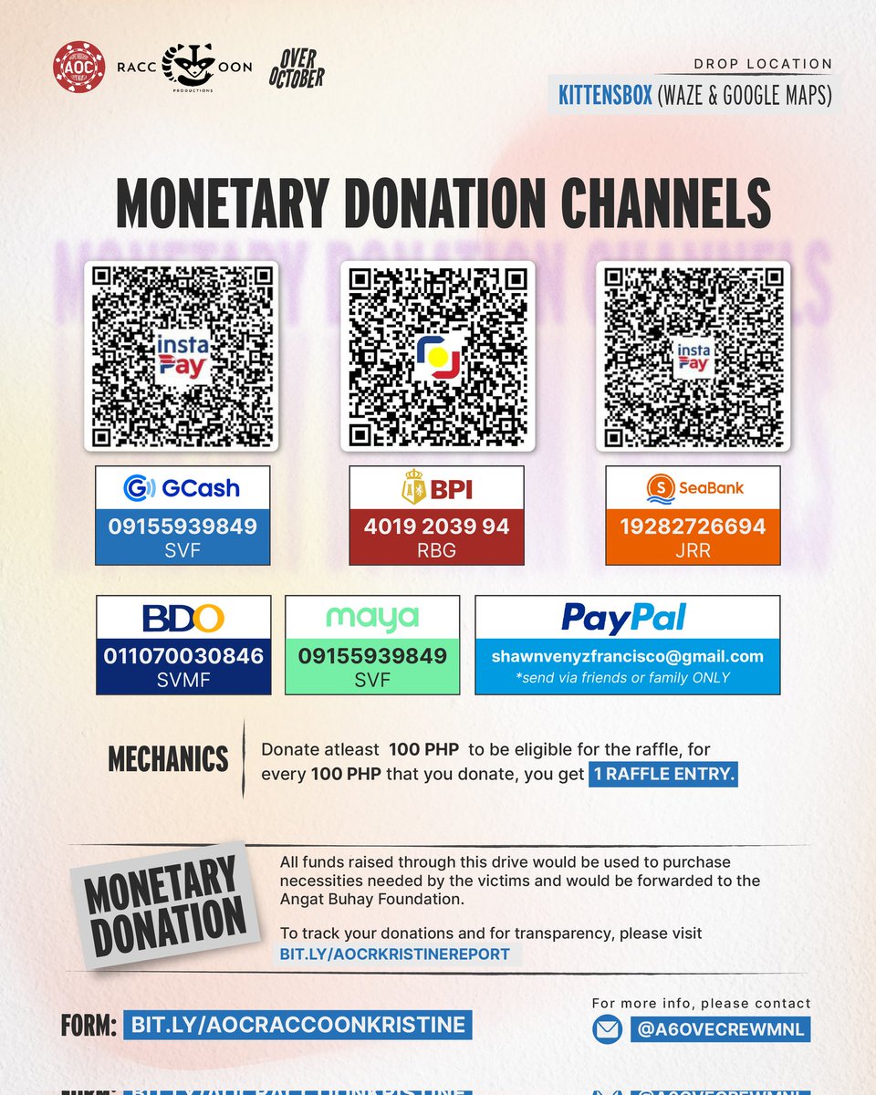 AOC X <a href="/raccoonprod/">RACCOON Productions</a> X <a href="/overoctoberph/">Over October</a>

Prizes: 
(1)  MAKE BELIEVE CD 

Your 100php merits you an entry for the raffle! 

Fill out the form after sending your donation: bit.ly/AOCRACCOONKRIS…