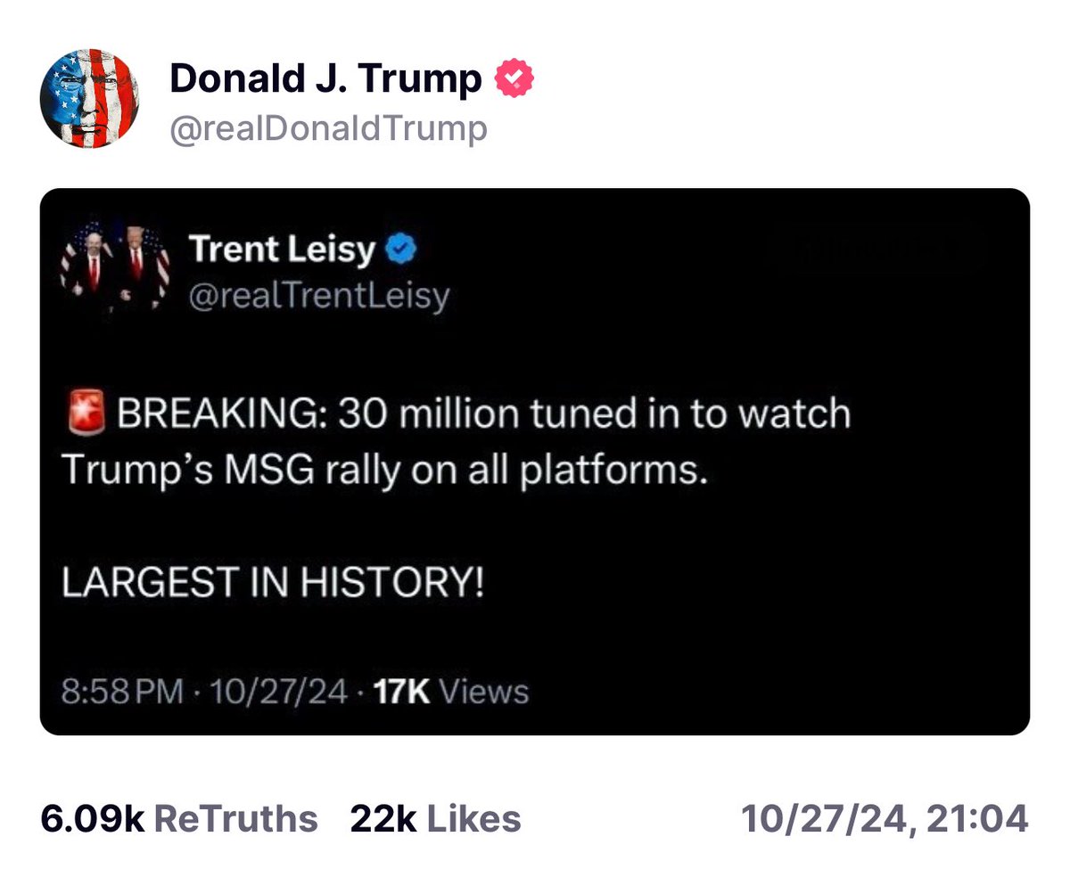 realTrentLeisy's tweet image. OH MY GOSH! Rightful President Trump shared a post of mine on Truth Social!
I never thought in my lifetime I would ever be where I am right now. This journey has been incredible for me. What was once a dream has morphed into reality. For decades I have always admired President…