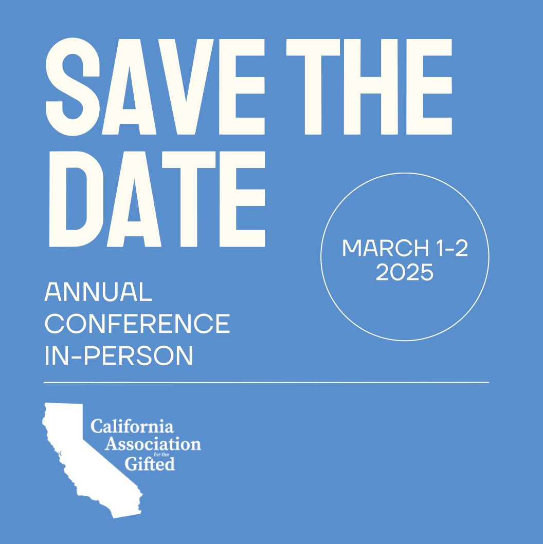 cagifted's tweet photo. 📅 Save the Date! The California Association for the Gifted Annual Conference is coming up on March 1-2, 2025 at the Orange County Hilton! 🎉
In-person, inspiring sessions, and more. Registration opens soon—stay tuned!
#CAGifted #GiftedEducation #SaveTheDate https://t.co/XKdFFJeuam