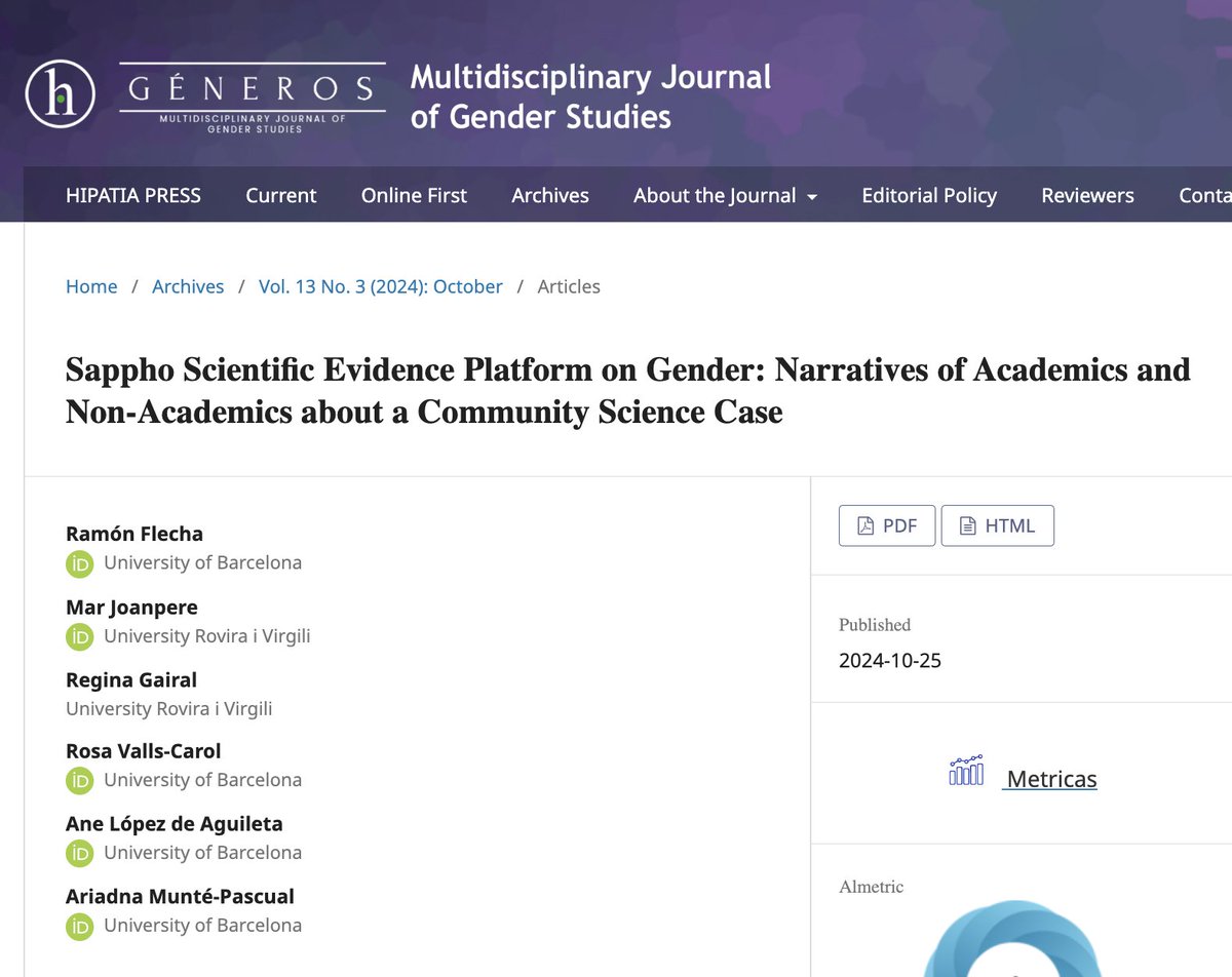 The 7th article of ROM21 shows the excellent results of the egalitarian dialogue between science and citizens. The egalitarian dialogue benefits the most vulnerable people such as Roma women and their voice is taken into account in scientific processes. hipatiapress.com/hpjournals/ind…