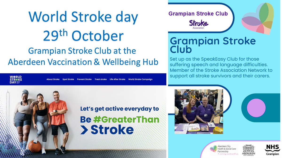 It is World Stroke Day tomorrow - 29th October.  Members of the Grampian Stroke Club will be at the Aberdeen Vaccination &amp; Wellbeing Hub between 10.00 - 3.00pm.  Just pop in to speak to member of the team #greaterthanstroke <a href="/NHSGrampian/">NHS Grampian</a> <a href="/TheStrokeAssoc/">Stroke Association</a> <a href="/HSCAberdeen/">Aberdeen City HSCP</a>