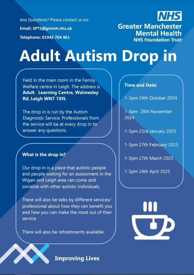 Adult Autism Drop In run by <a href="/GMMH_NHS/">Greater Manchester Mental Health</a> 
#Autism #Adults