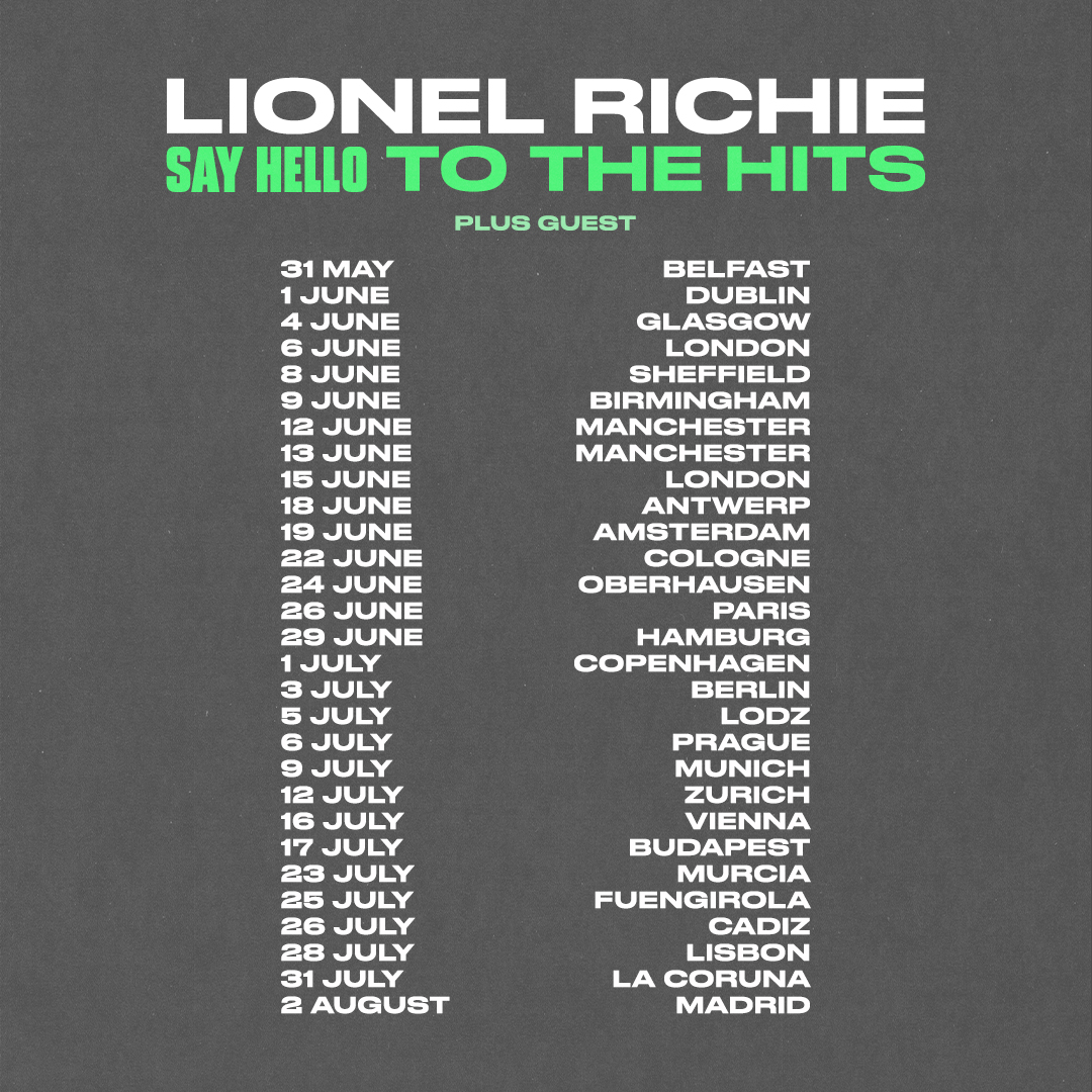 Tickets for all my shows across the UK and Europe next year are now officially on sale! I cannot wait to dance, sing and party with you all in 2025.

Get ready to Say Hello To The Hits 🎉

Head to lionelrichie.com/shows to grab your tickets today. #SayHelloToTheHits