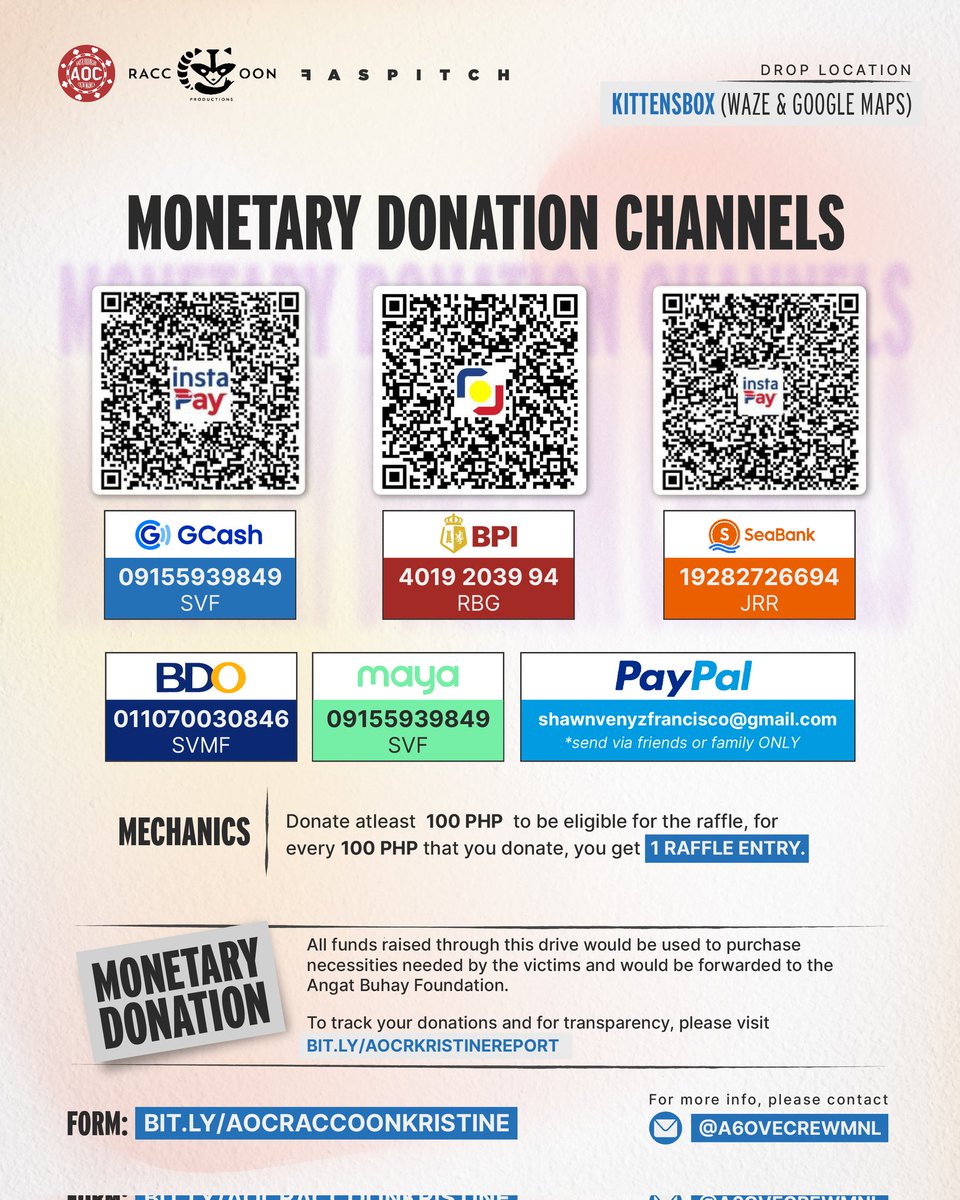 AOC X <a href="/raccoonprod/">RACCOON Productions</a> X FASTPITCH

Prizes: 
(2) FASTPITCH BUCKET HAT

Your 100php merits you an entry for the raffle! 

Fill out the form after sending your donation: bit.ly/AOCRACCOONKRIS…