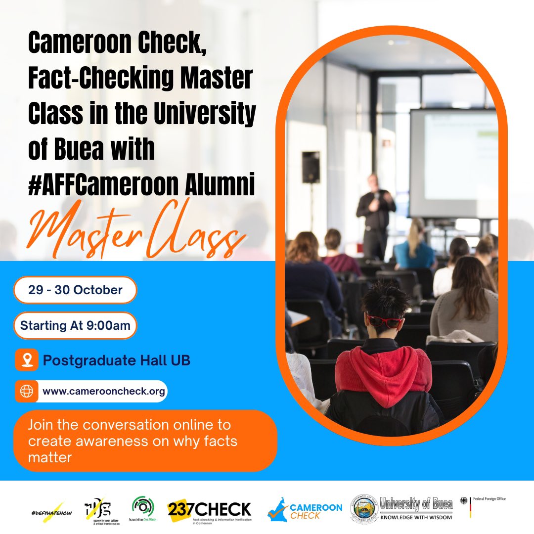 Cameroon Check (@checkcameroon) on Twitter photo <a href="/CheckCameroon/">Cameroon Check</a> in collaboration with <a href="/DefyhatenowWCA/">#defyhatenow West & Central Africa</a> and the #AFFCameroon Alumni, is pleased to announce a Fact-Checking Master Class at the University of Buea on October 29-30, 2024. It will equip 75 emerging journalists with essential skills to combat misinformation. #factcheck <a href="/CheckCameroon/">Cameroon Check</a> in collaboration with <a href="/DefyhatenowWCA/">#defyhatenow West & Central Africa</a> and the #AFFCameroon Alumni, is pleased to announce a Fact-Checking Master Class at the University of Buea on October 29-30, 2024. It will equip 75 emerging journalists with essential skills to combat misinformation. #factcheck