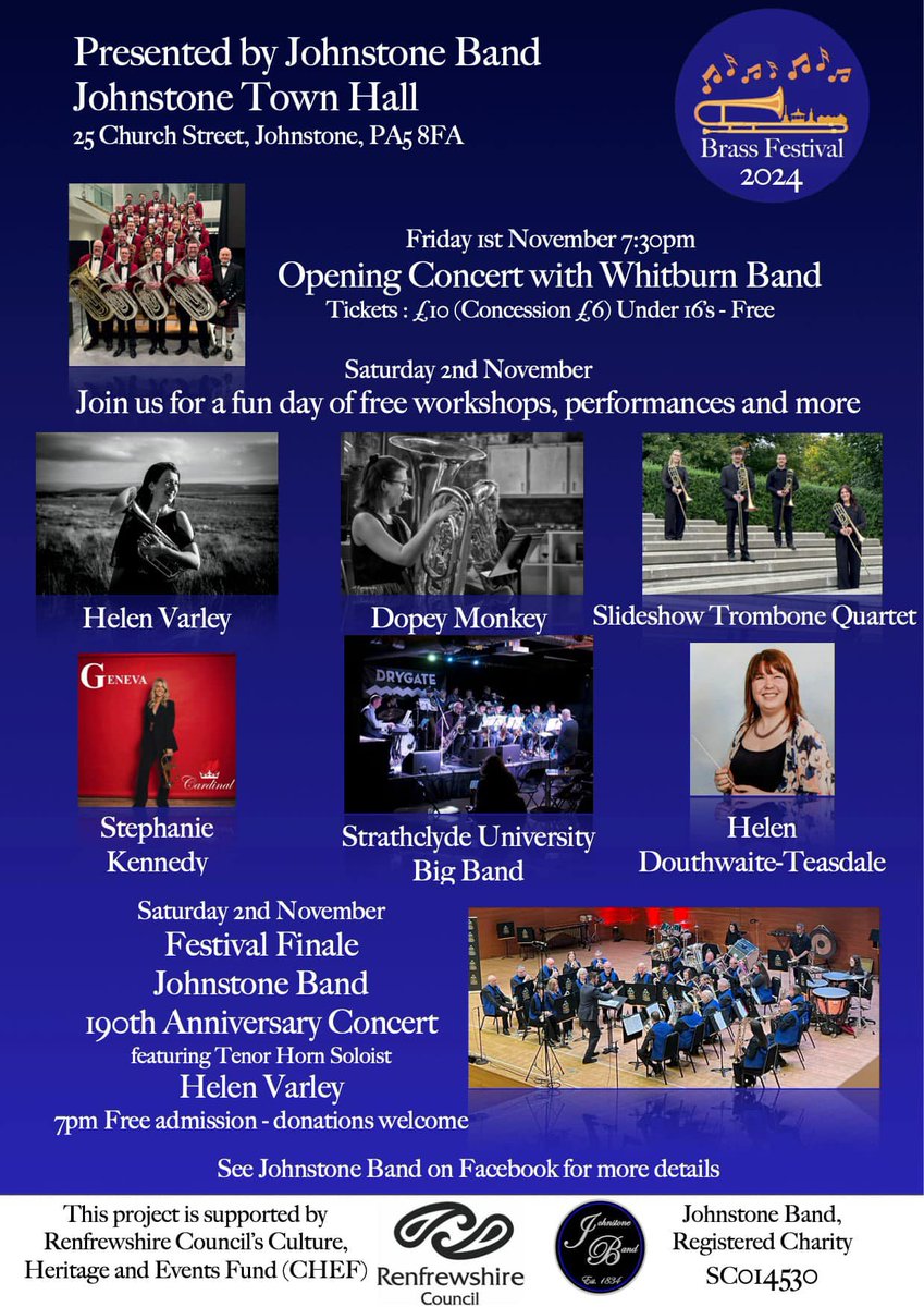 🎶 We are looking forward to performing in the opening concert of the <a href="/JohnstoneBand/">Johnstone Band</a> Brass Festival this Friday night 🎶 

📍 Johnstone Town Hall, Johnstone
🕰️ 19:30

Get your tickets now on the Johnstone Band Facebook page. See you there!