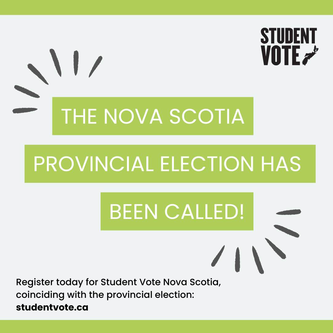 CIVIX_Canada's tweet photo. Big news! The Nova Scotia provincial election has officially been called!
This is a great opportunity to let students learn about the provincial election process. Register today for Student Vote: https://t.co/cxRuGwG0Wv #StudentVoteNS https://t.co/aWdG46ykd5