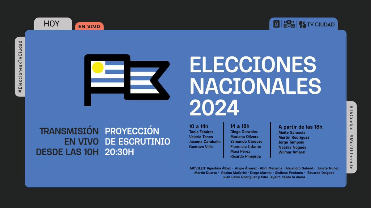 🇺🇾 HOY se vota 

🗳️ Transmisión EN VIVO desde 10h y hasta el final de la jornada #ElegíTVCiudad, la TV pública de Montevideo

Informate! 📺 Señal abierta 6.1, por YouTube 
▶️ youtube.com/live/LEUtzA-z7…
#⃣ Seguinos en redes #EleccionesxTVCiudad