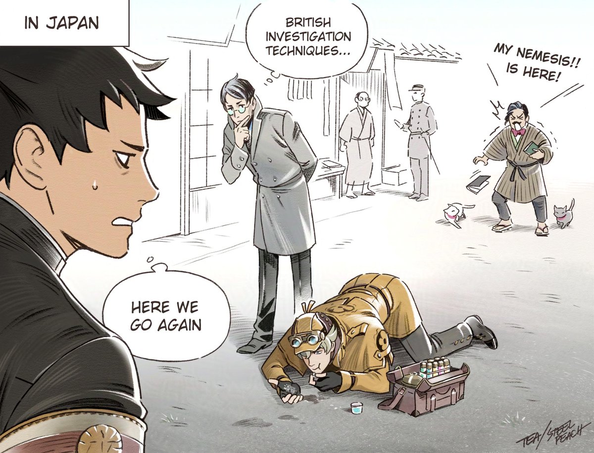 steel_peach's tweet image. [tgaa] Herlock in Japan, eating dirt (it&apos;s essential to solving a case)