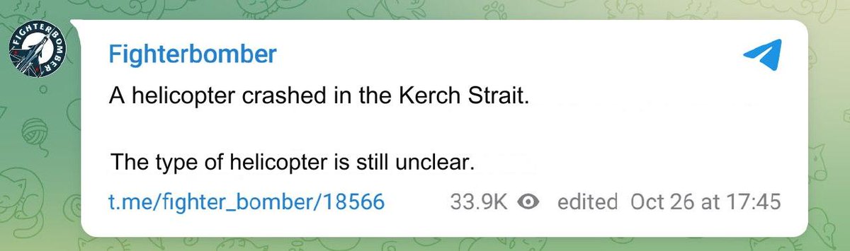 WarArmor13's tweet photo. Russian military helicopter (Ka-52 or Ka-27)? has crashed in the Kerch Strait.
This was reported by Fighterbomber. https://t.co/4sZLMRMyNF
@Rebel44CZ https://t.co/4DjuZ0Wi1c