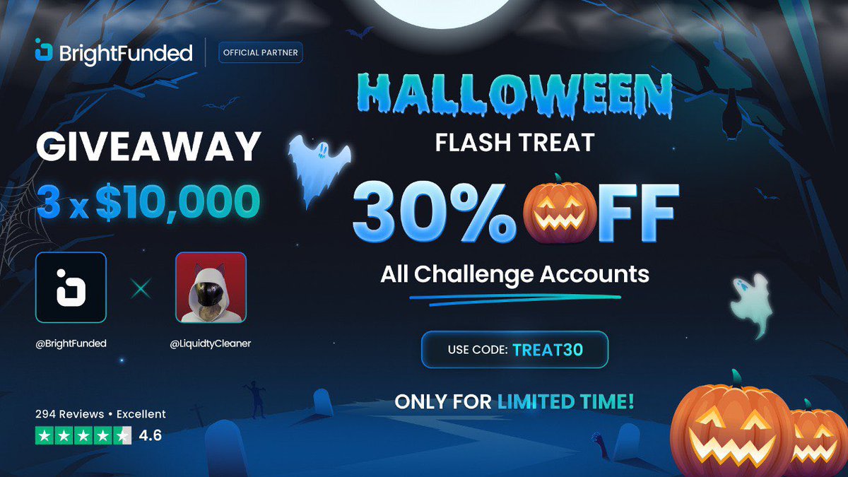 HALLOWEEN #GIVEAWAY

In honor of BrightFunded's 30% OFF Halloween Promotion, we are hosting a GIVEAWAY! BrightFunded is the Prop Firm known for the Fastest Payouts in the industry! 🎃

3 x $10,000 GIVEAWAY

1. Follow 
<a href="/BrightFunded/">BrightFunded</a> <a href="/LiquidtyCleaner/">Easy Money Crypto</a>
2. Like and RT
3. Tag 3 friends