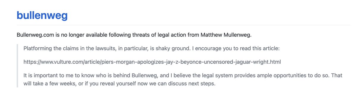 Nothing says "staunch defender of the 1st Amendment right to free speech" quite like threatening legal action against a Github-based wiki which merely contained links to news articles and legal filings in the public domain.