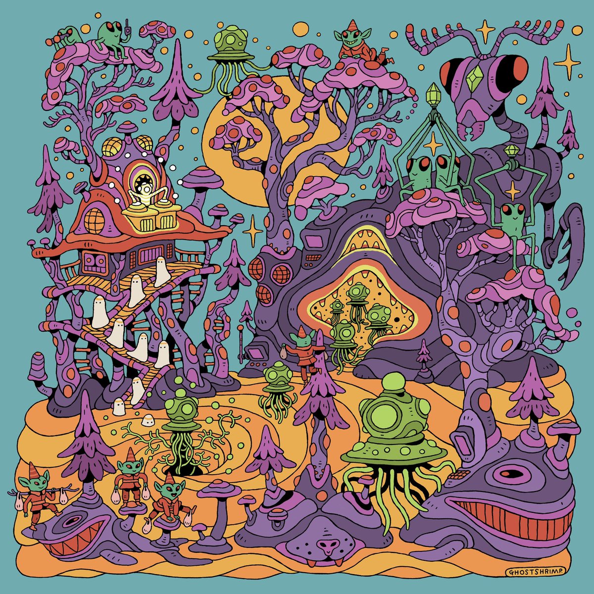 New artwork for <a href="/OfTheTrees/">Moonglade Park</a> 🌲🌳👽

Part two of the diptych of posters for his upcoming weekend at <a href="/RedRocksCO/">Red Rocks Park & Amphitheatre</a> 💥💥💥

Rumors of juicy merch abounds! 

#ofthetreesmusic #theghostshrimp #i#visualart #illustration