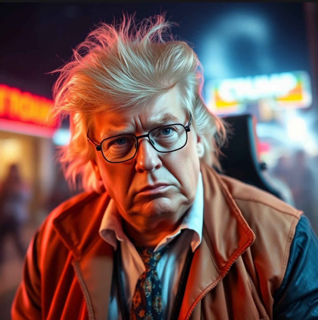 eigenmann_colin's tweet photo. Epic @realDonaldTrump 
ai photo as Doc Brown in 
#backtothefuture 
#trump https://t.co/tQuCB1OIDn