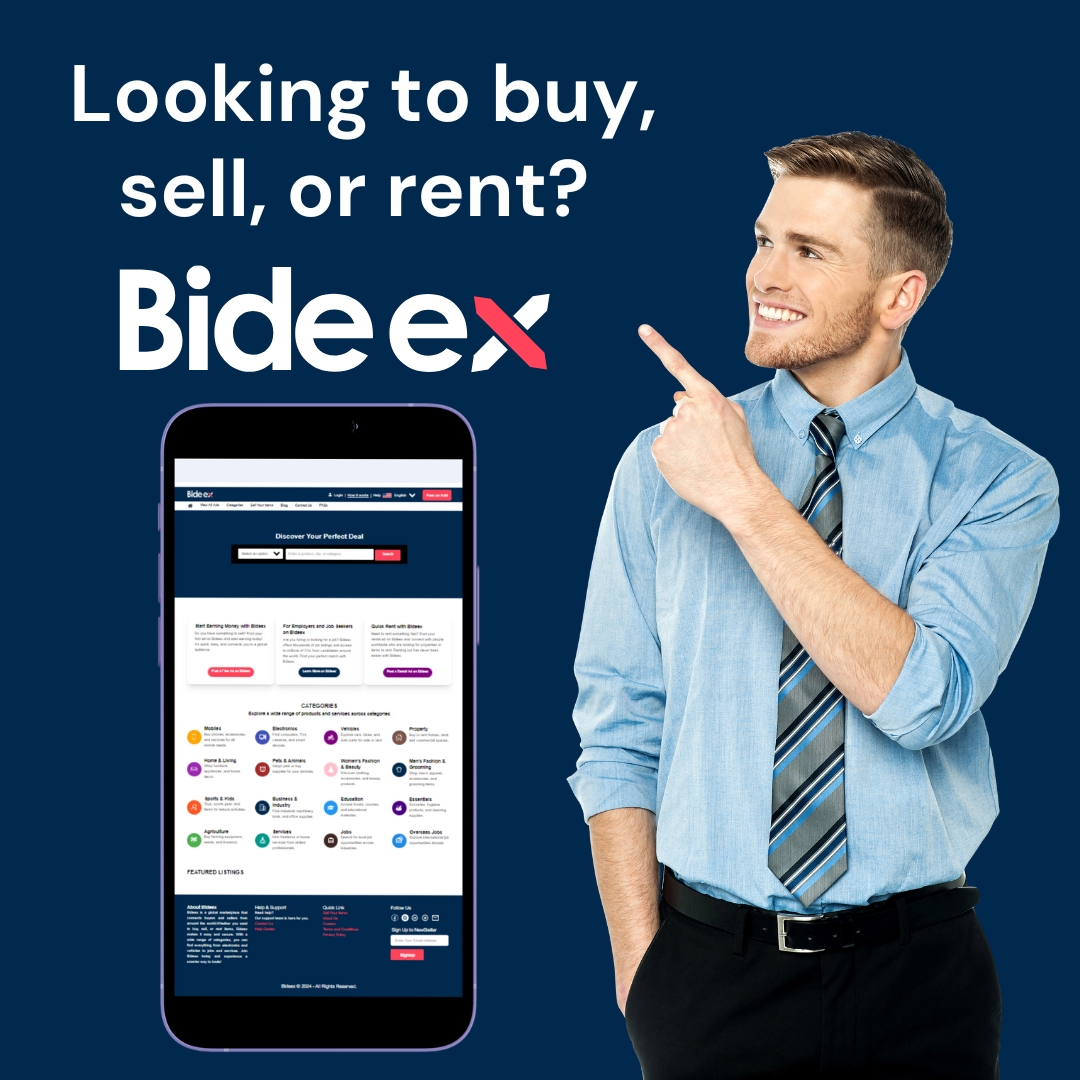 🌍 Looking to buy, sell, or rent? #Bideex is your global marketplace! Connect with buyers &amp; sellers worldwide and trade smarter. Join us today! 🌐 #Ecommerce #Marketplace #TradeSmart