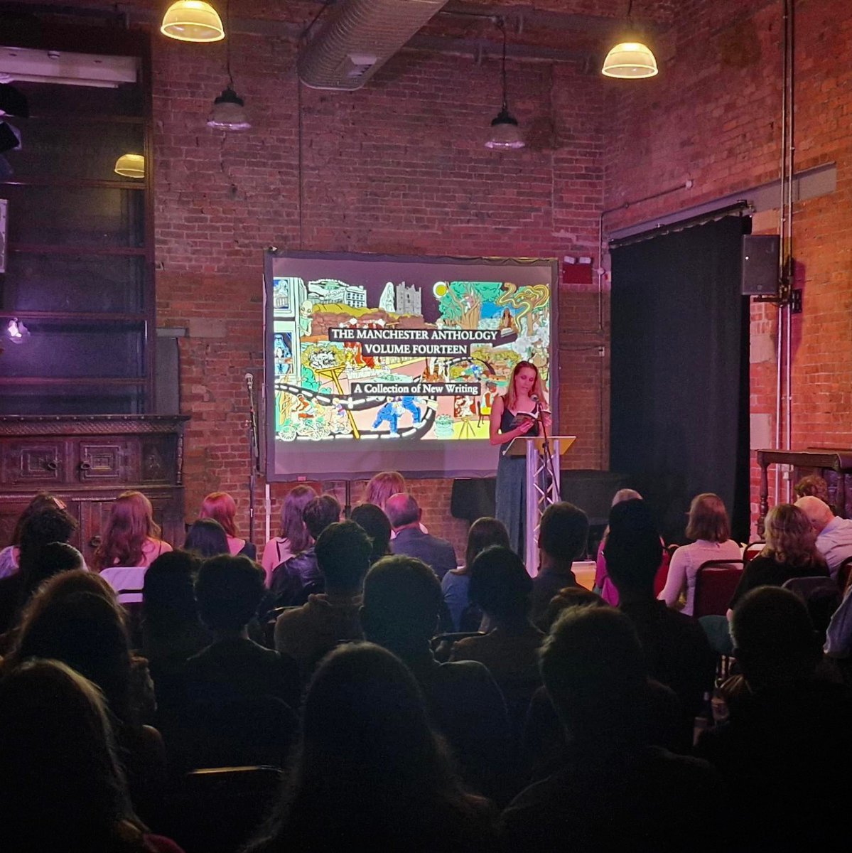 manc_anthology's tweet photo. Thank you to everyone who attended the launch of The Manchester Anthology, Volume Fourteen. It was a great evening! ✨

Cleo led the show, with a guest appearance by Michael Schmidt, after which sixteen wonderful contributors read from their pieces in the anthology. https://t.co/jDr2N9NRwW
