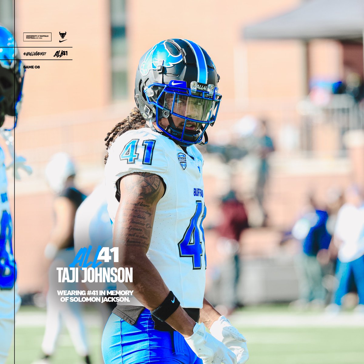 UB Football (@ubfootball) on Twitter photo Taji Johnson will have the honor of wearing #41 today in memory of Solomon Jackson. 
 
#ALL41 Taji Johnson will have the honor of wearing #41 today in memory of Solomon Jackson. 
 
#ALL41