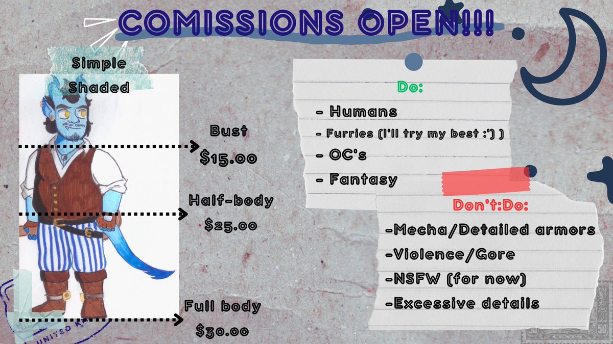 dwg_draws_29's tweet photo. COMMISSIONS OPEN!! 📝📝
I'm opening commissions for the first time, I will have five slots open so if you want one, be sure to DM me to reserve your spot. Please read the terms to avoid future misunderstandings. https://t.co/KdMzm1WO9z