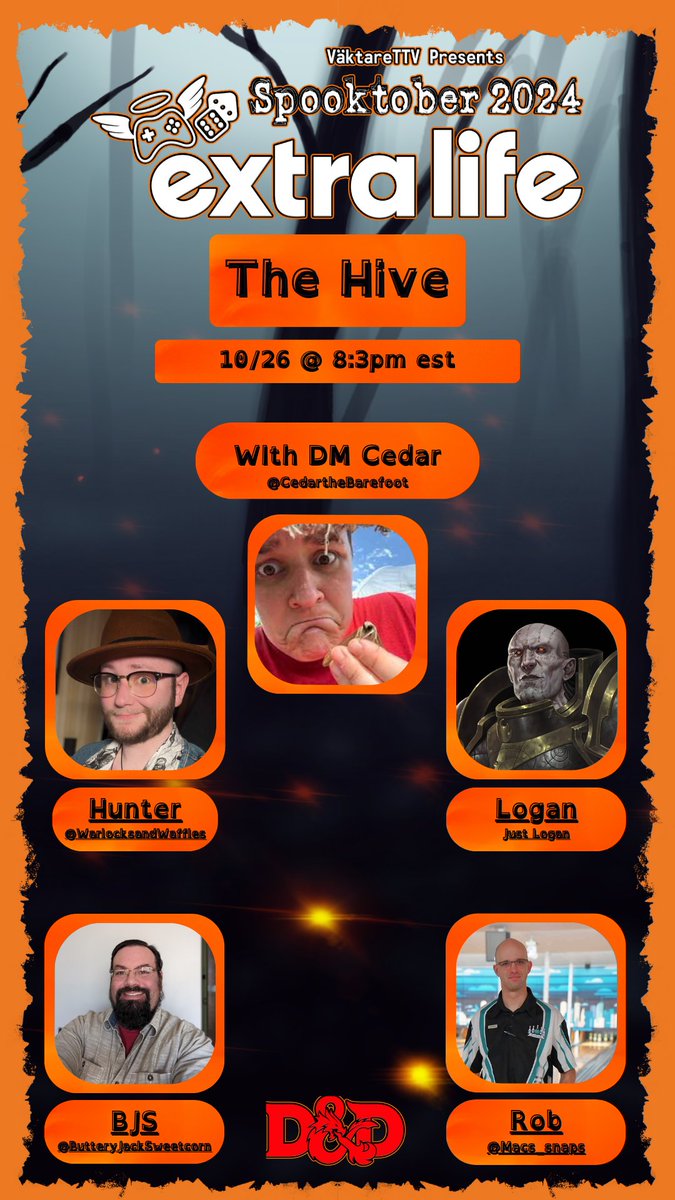 The Väktare (@vaktarettv) on Twitter photo Join us tonight as <a href="/BarefootCedar/">Cedar the Barefoot</a> leds this awesome cast on a dark tale with a mysterious force from the Underdark as we continue raising money for <a href="/ExtraLife4Kids/">Extra Life</a>!
#horror #dnd #dnd5e #ttrpg #dungeonsanddragons #vaktarettv #spooktober2024 #Spooktober #extralife2024 Join us tonight as <a href="/BarefootCedar/">Cedar the Barefoot</a> leds this awesome cast on a dark tale with a mysterious force from the Underdark as we continue raising money for <a href="/ExtraLife4Kids/">Extra Life</a>!
#horror #dnd #dnd5e #ttrpg #dungeonsanddragons #vaktarettv #spooktober2024 #Spooktober #extralife2024