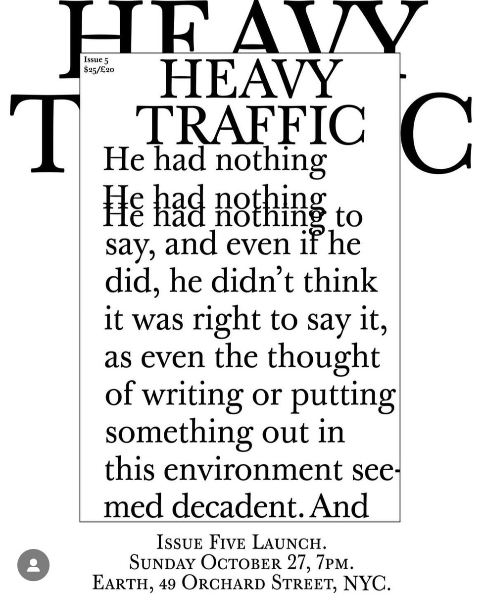 Come to launch for <a href="/heavytrafficmag/">Heavy Traffic</a> issue 5 tomorrow! 

I have a story in it :)