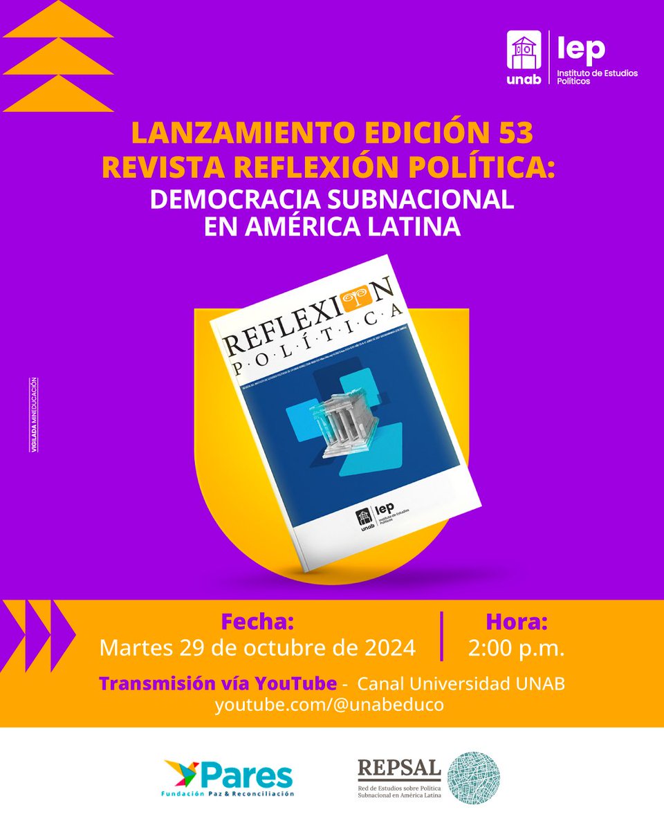 iep_unab's tweet photo. ¡Agéndate! 🗓️El martes 29 de octubre a las 2:00pm (Hora Colombia 🇨🇴) tendremos el lanzamiento de la edición 53 de nuestra #Revista #ReflexiónPolítica por el canal de YouTube de @unab_online  ➡️ https://t.co/EgOeNw3eCN https://t.co/LwMG5tFaJW