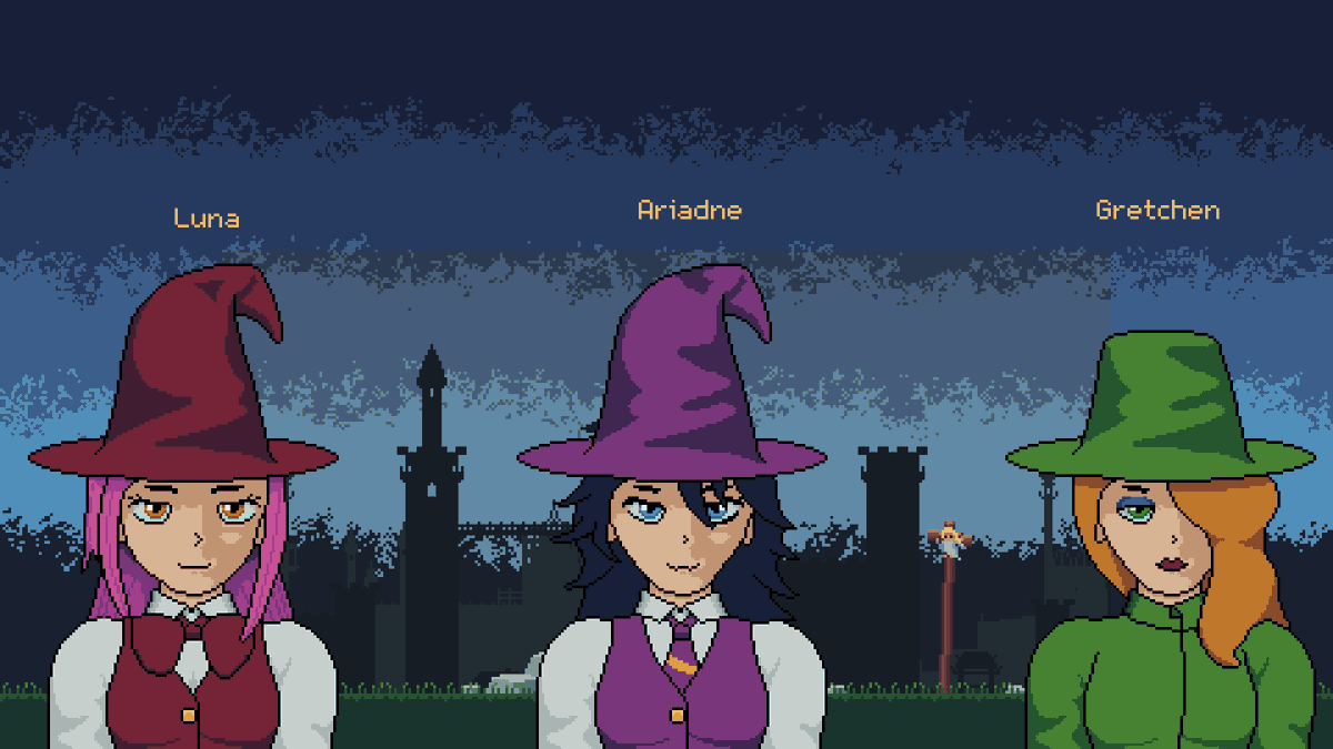 Initial character designs for my Tiny Witches side-project. What does everyone think their personalities are? #pixelart #IndieGameDev #gaming