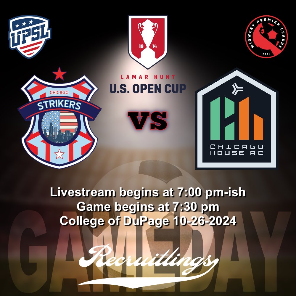 It’s GAMEDAY! 7:00 pm livestream 7:30 pm kickoff. Link in bio. Watch in person at College of DuPage or on the <a href="/Recruitlings/">Recruitlings</a> YouTube channel.

#recruitlings #chac #strikerschicago #upsl #mwpl #usopencup #soccer #Futbol
