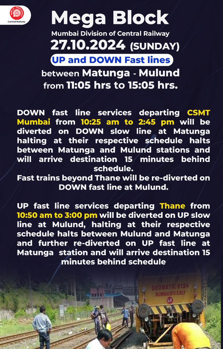 Central_Railway's tweet image. Attention Passengers! 🚨🚧

Mega Block on Up &amp;amp; Down Harbour and Main lines on 27.10.2024 (Sunday).
Check the schedule for the first and last locals before and after the block. Plan your travel accordingly.

#MegaBlock #SundayBlock #CentralRailway