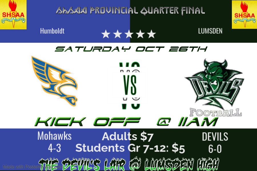 ITS GAME DAY!!!
<a href="/HCIMOHAWKS/">Humboldt ColIegiate</a> takes on the Devils today in <a href="/shsaasport/">SHSAAsport</a> 9Man Quarterfinal Action

***Remember kick off is at 11AM***
#RollDevs