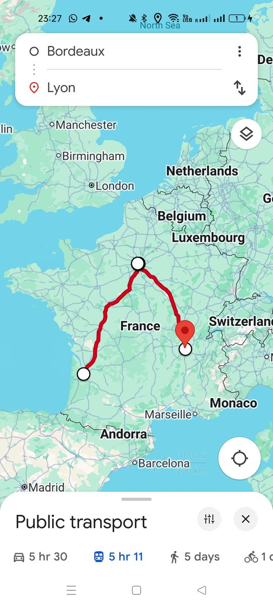 Valen10Francois's tweet image. To give you an indication of how Paris-centric France's rail system is, this is the fastest way to go to Lyon from Bordeaux
