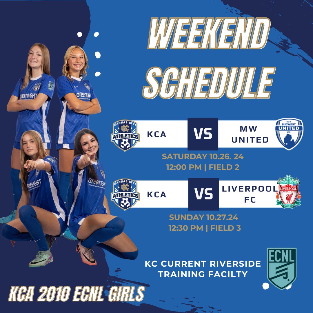 KC Athletics Academy Elite 2010 ECNL (@kcaecnl2010g) on Twitter photo Big weekend ahead! Time to get 6 points.
<a href="/AthleticsKC/">KC Athletics Soccer Club</a> <a href="/MarcusKelcher/">Marcus Kelcher</a>
<a href="/ECNLgirls/">ECNL Girls</a> <a href="/ImCollegeSoccer/">College Soccer Truth ™</a>
<a href="/PrepSoccer/">Prep Soccer ⚽️</a> <a href="/ImYouthSoccer/">ECNL/GA/Recruiting/College Soccer</a> Big weekend ahead! Time to get 6 points.
<a href="/AthleticsKC/">KC Athletics Soccer Club</a> <a href="/MarcusKelcher/">Marcus Kelcher</a>
<a href="/ECNLgirls/">ECNL Girls</a> <a href="/ImCollegeSoccer/">College Soccer Truth ™</a>
<a href="/PrepSoccer/">Prep Soccer ⚽️</a> <a href="/ImYouthSoccer/">ECNL/GA/Recruiting/College Soccer</a>
