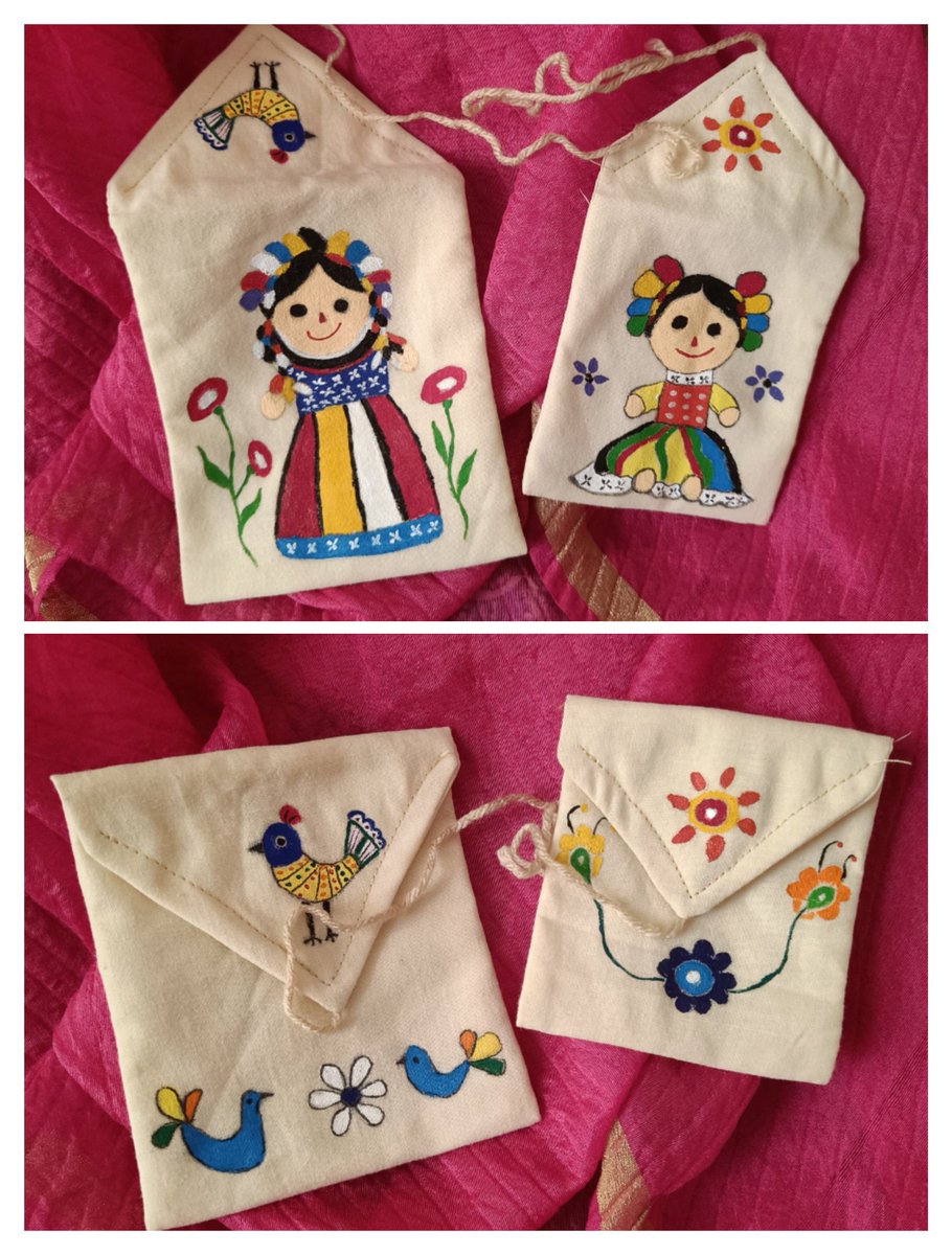 tikulli's tweet photo. This cutest set of giftbags in cotton linen is available. You can buy the handpainted set on its own or team up with handcrafted earrings. There's a Diwali discount on so look up d tweet & choose your favourites. DM for prices/offers #FestiveVibes #handmadegift #buyart #goftidea https://t.co/pkQTsFm3PC