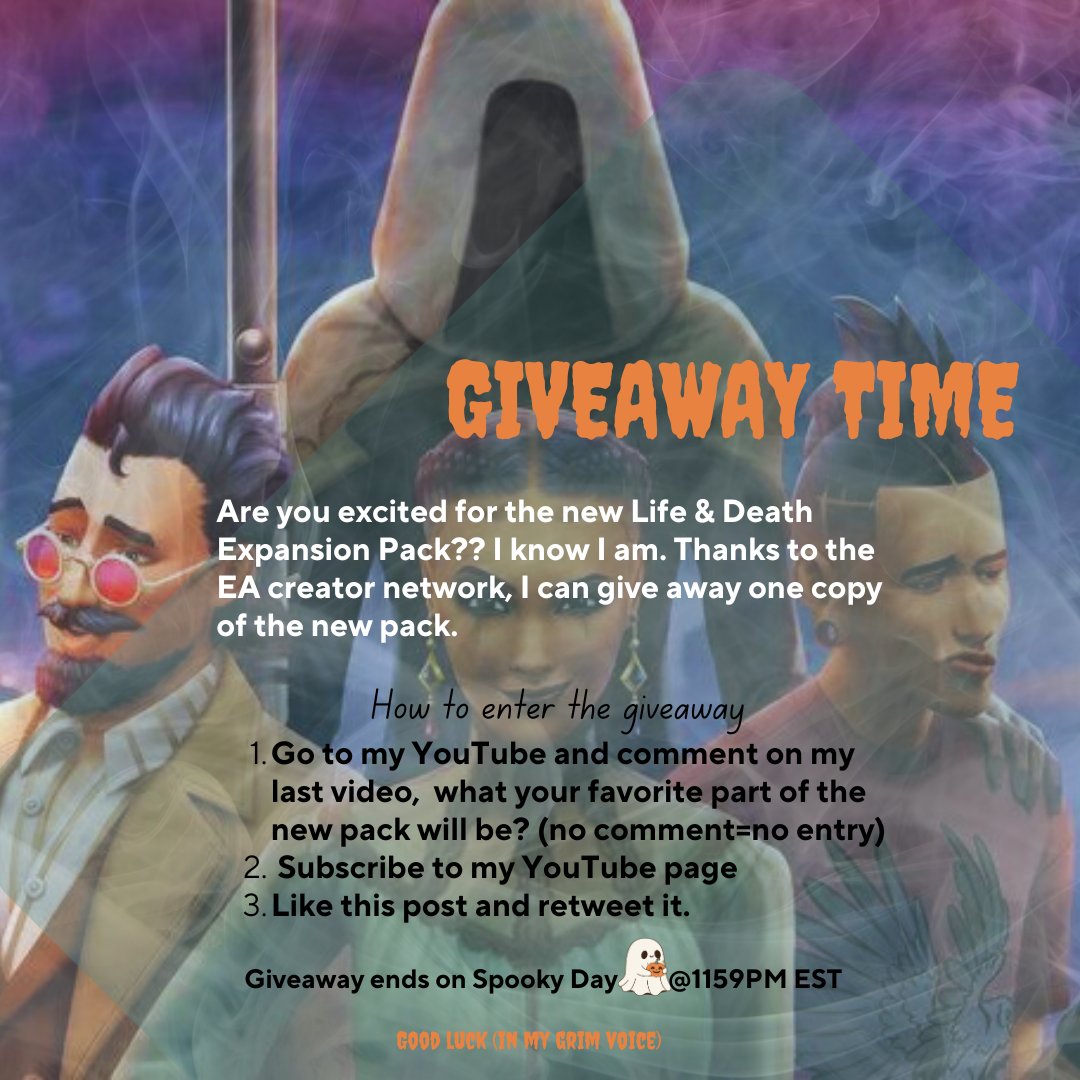 sweetspicysims's tweet photo. Did someone say giveaway???? Please see the rules below on how to enter. My YouTube is https://t.co/HY2Esmyc3G. Thanks to #EACreatorNetwork @EA and @TheSims for sponsoring this giveaway. @TheSimCommunity #TheSims4LifeAndDeath https://t.co/ErunzosZif