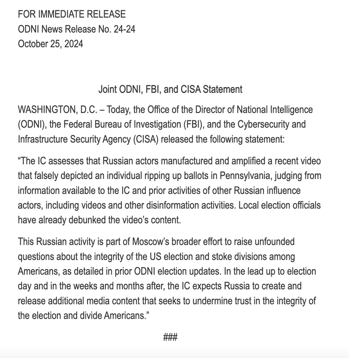 MarshallCohen's tweet photo. US intel agencies say Russia "manufactured" fake video of destroyed ballots in Bucks County, PA. All political actors are now put on notice: If you knowingly tout this fake video as proof of mass fraud in 2024, you are lying and spreading Russian disinfo. https://t.co/UrKv1iiRK3 https://t.co/b0OG32fied