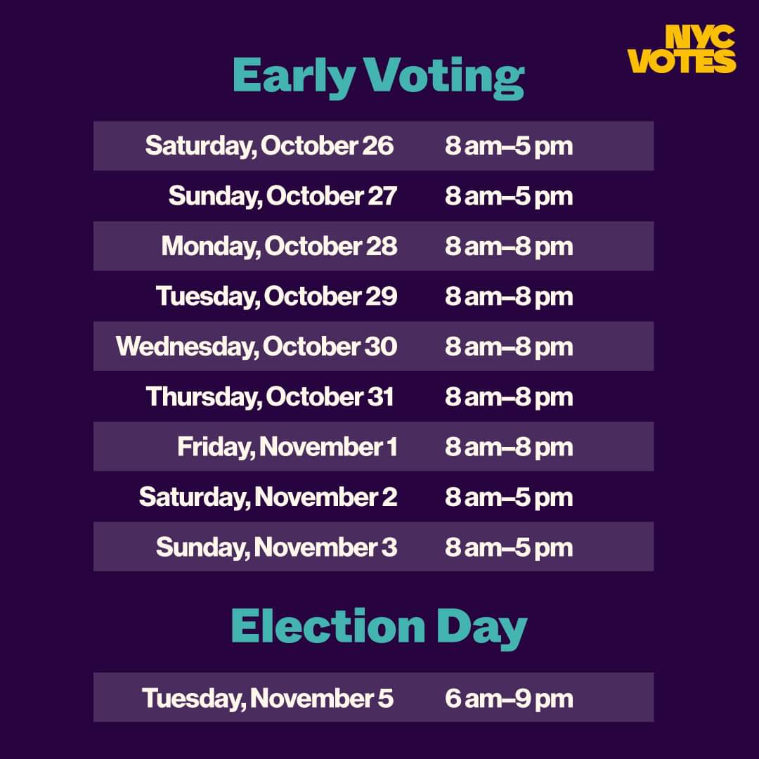 Skip the lines and vote early in New York City’s general election! Polls are open from October 26 until November 3. Make sure to look up your poll site before you go at nycvotes.org.

<a href="/NYCVotes/">NYC Votes</a>