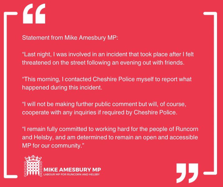 MP for Runcorn Mike Amesbury says he felt “threatened” after incident in Cheshire last night <a href="/BBCNWT/">BBC North West</a>