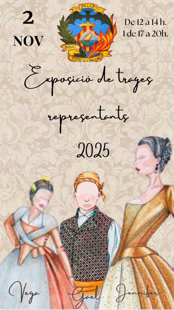 Fallaprogreso's tweet photo. El nostre Quadre d’Honor 2025, Jennifer, Vega i Gael ens conviden a l’EXPOSICIÓ DE TRAGES. Dissabte 2 de noviembre de 12 h a 14 h i de 17 h a 20 h https://t.co/z9Cuy6yb62
