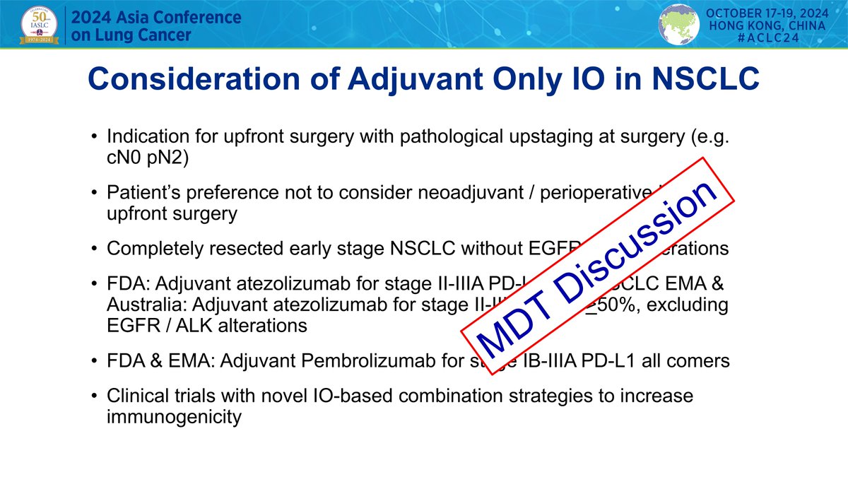 HHorinouchi's tweet photo. 🔥#ACLC24 @IASLC Asia🌏
🗣️ES12: Early Stage NSCLC: Adjuvant/Neoadjuvant; Immunotherapy; Targeted Therapy
✅Chairs: @t_mitsudomi @HwakeleeMD
🎙️Dr. Rina Hui
🎯Adjuvant IO therapy
#LCSM @OncoAlert
https://t.co/QiYCsV1ovI https://t.co/PIbr36Dqd2
