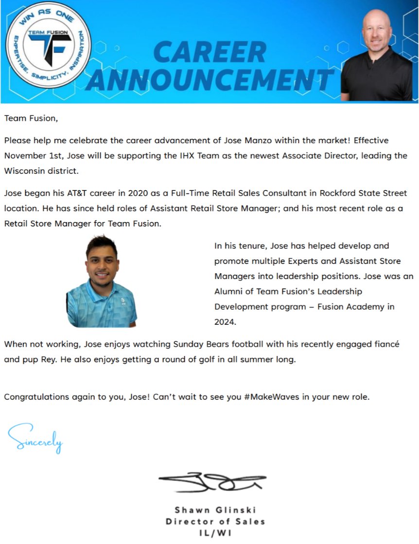 Team Fusion (@teamfusionglm) on Twitter photo Help us to congratulate Jose Manzo on his career advancement. Well deserved and much success! <a href="/BrianWest_GLM/">Brian West - GLM VPGM</a> <a href="/shawnglinski/">Shawn Glinski</a> Help us to congratulate Jose Manzo on his career advancement. Well deserved and much success! <a href="/BrianWest_GLM/">Brian West - GLM VPGM</a> <a href="/shawnglinski/">Shawn Glinski</a>