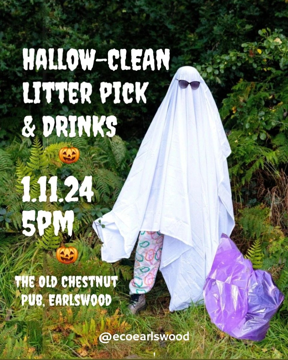 EarlswoodEco's tweet photo. Welcome to Hallow-Clean, because Halloween is a terrifyingly messy business. 
👉 Friday 1st November, meeting from 5pm at the Old Chestnut Pub in Earlswood for litter picking and drinks afterwards. Bring a torch and we'll provide the rest. See you there? #Hallowclean https://t.co/4tgWowZty7