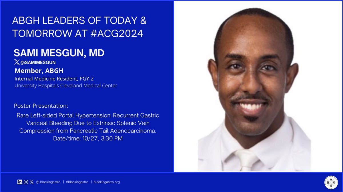 blackingastro's tweet photo. Meet ABGH Member, Dr. Mesgun (@SamiMesgun), a who will be presenting his poster on Sunday, 10/27. Stop by to engage and to congratulate him on his scholarship! 

#blackingastro at #ACG2024 https://t.co/lhwBVaoRNh