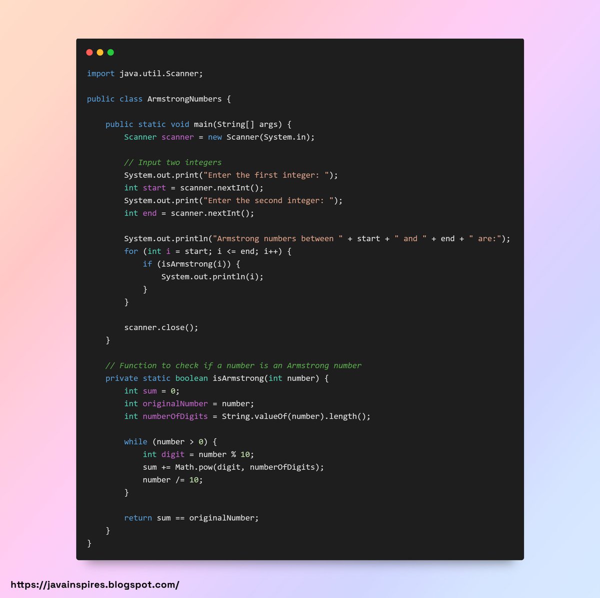 javainspires's tweet image. Java Program to Check Armstrong Number between Two Integers
#JavaInspires #Java #Coding