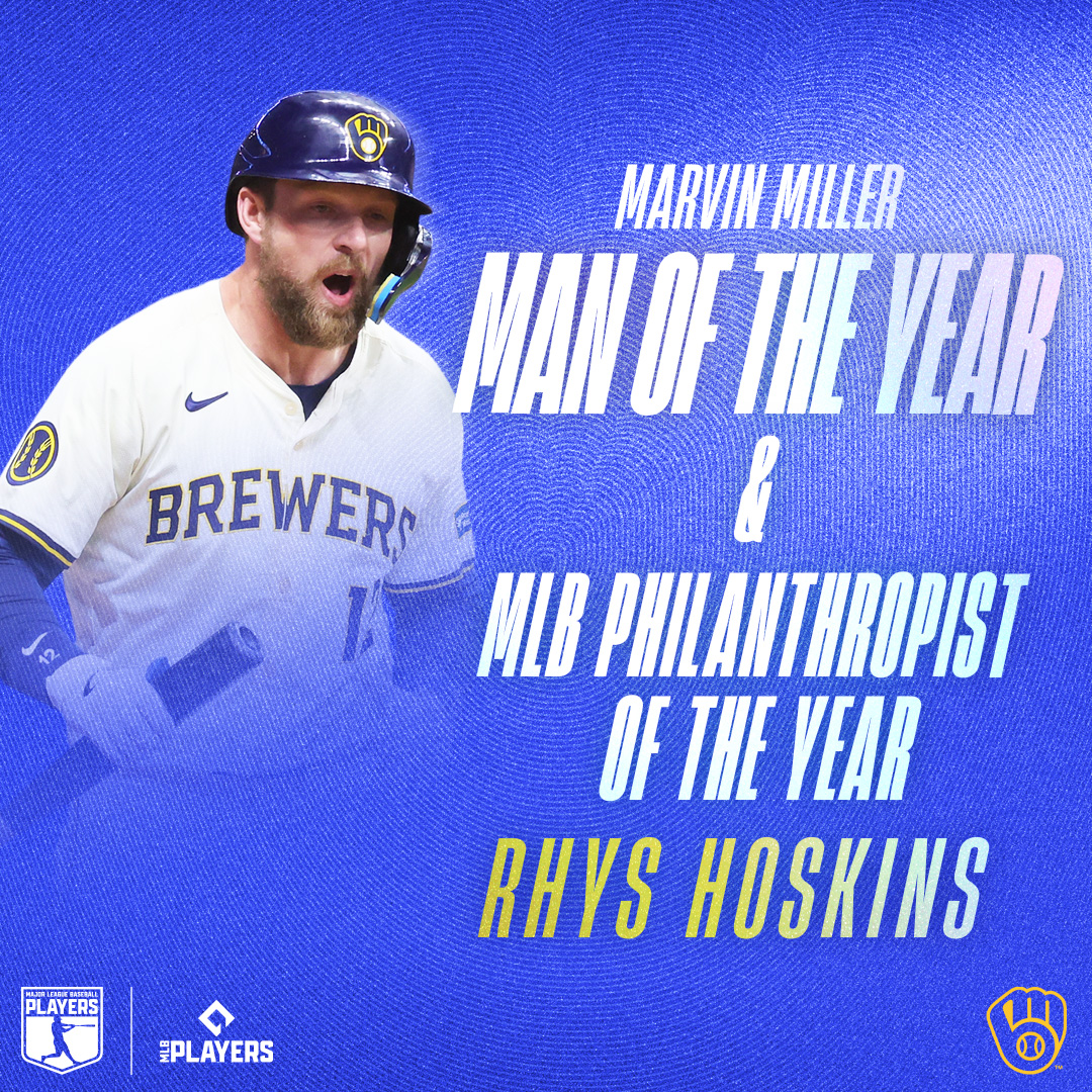 Brewers's tweet photo. The ULTIMATE good guy 👏

Congrats to @rhyshoskins on being voted by his peers to win two of @MLBPA's most prestigious awards:

🏆 Marvin Miller Man of the Year
🏆 Philanthropist of the Year https://t.co/UBguFJkZ0o