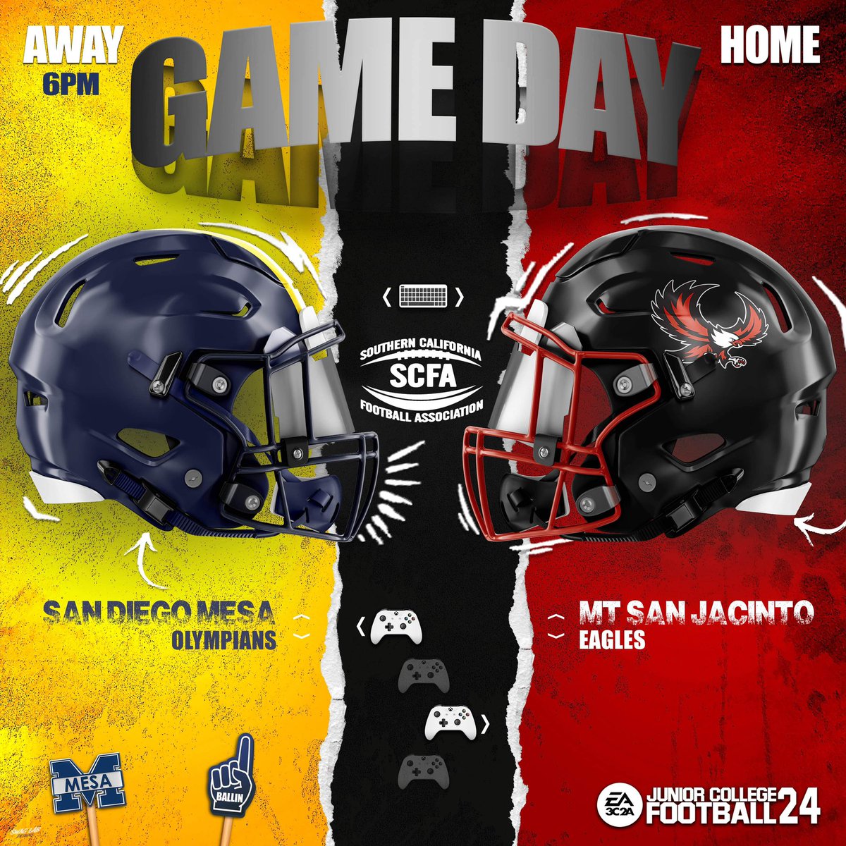 OLYMPIANS (@sdmesafootball) on Twitter photo Game Day! Olympians traveling to take on <a href="/msjcfootball/">Mt. San Jacinto College Football</a>
Kick off at 6pm .
#BALLIN
<a href="/BallCoachGW/">Gary Watkins Jr</a> <a href="/PrezHands/">Ashanti Hands, Ed.D.</a> <a href="/JUCOFFrenzy/">JUCO Football Frenzy</a> <a href="/CoachChevSD/">Coach Chevalier</a> <a href="/PeoplsProfessor/">Shawn Pomatto M.S., M.Ed.</a> <a href="/CoachRosserJr/">Marcus Rosser Jr. 💫</a> <a href="/EC_Preps_SD/">EC Preps</a> <a href="/sdfootball/">Ray from SDFN</a>
📸 <a href="/SwagLabGD/">Dan Ruiz - Swag Lab - Graphic Design</a> Game Day! Olympians traveling to take on <a href="/msjcfootball/">Mt. San Jacinto College Football</a>
Kick off at 6pm .
#BALLIN
<a href="/BallCoachGW/">Gary Watkins Jr</a> <a href="/PrezHands/">Ashanti Hands, Ed.D.</a> <a href="/JUCOFFrenzy/">JUCO Football Frenzy</a> <a href="/CoachChevSD/">Coach Chevalier</a> <a href="/PeoplsProfessor/">Shawn Pomatto M.S., M.Ed.</a> <a href="/CoachRosserJr/">Marcus Rosser Jr. 💫</a> <a href="/EC_Preps_SD/">EC Preps</a> <a href="/sdfootball/">Ray from SDFN</a>
📸 <a href="/SwagLabGD/">Dan Ruiz - Swag Lab - Graphic Design</a>