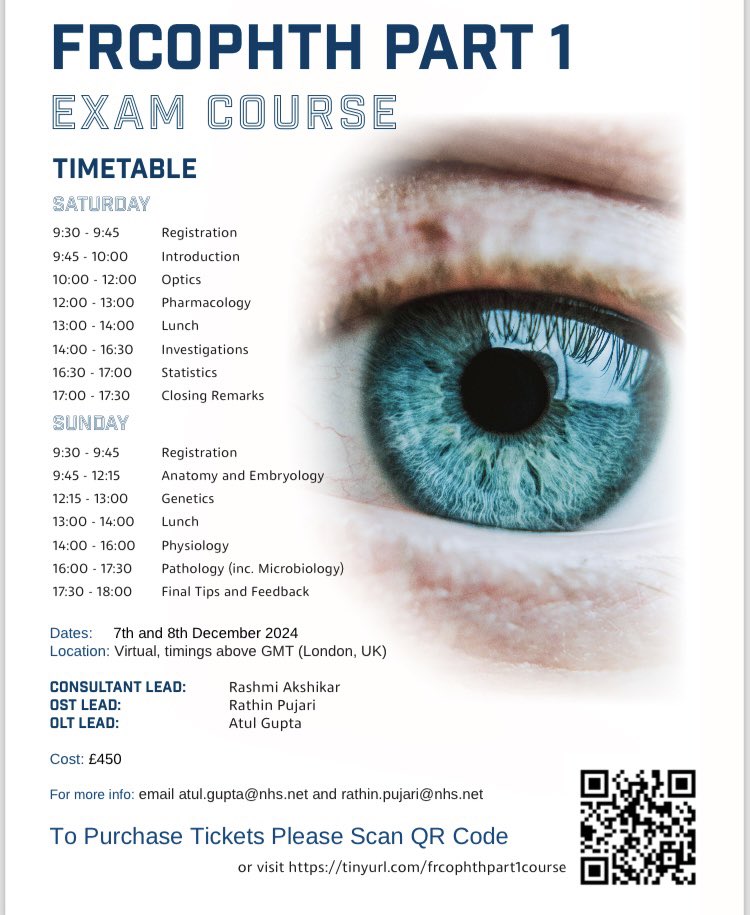 AtulEyeDoc's tweet photo. 📣Announcing next FRCOPHTH PART 1 Exam course 
👆🏽Also useful for those who are appearing for Part 1 FRCS ( Glasgow)   , FICO 

Date : 7 &amp; 8 th Dec 2024
Venue : Virtual ( Zoom )

1/2 🧵 https://t.co/JxguYIV2SM