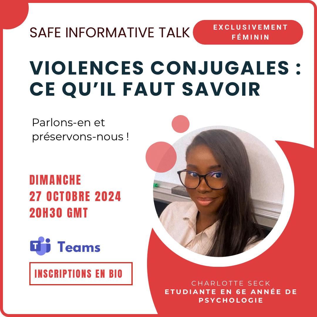 sos_senegal's tweet photo. 🚨 Webinaire exclusivement feminin 27 octobre à 20h30 GMT🚨

✅️ Lien d'inscription : https://t.co/MZ9kmxCdso
Notre spécialiste Charlotte Seck nous parlera de :
⚪️ la définition de la violence conjugale
 ⁠⚪️ Le profil d‘un bourreau
🚩Les signes d‘alerte
Etc...
#sossenegal https://t.co/qiGoydD5SP