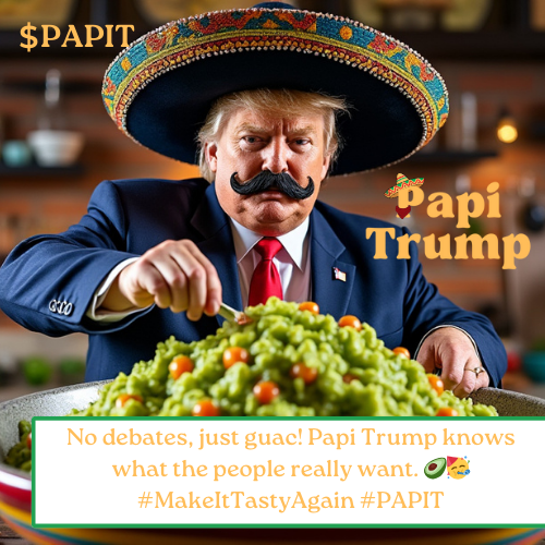 papitrump2024's tweet photo. No debates, just guac! Papi Trump knows what the people really want. 🥑🥳 #MakeItTastyAgain #PAPIT https://t.co/wDzhMoVCvc