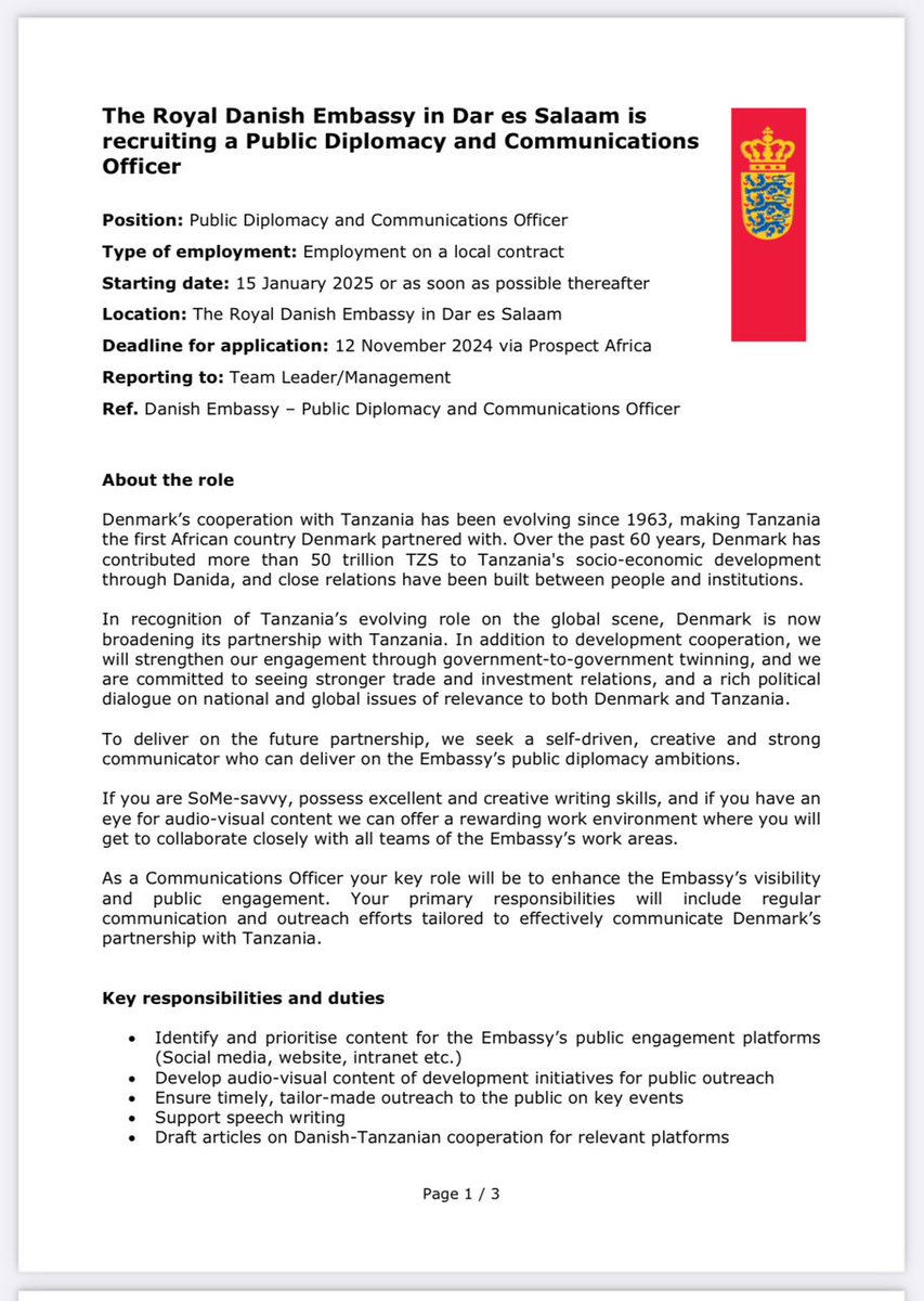 Denmark Embassy is hiring a Public Diplomacy and Communications Officer. Visit their website