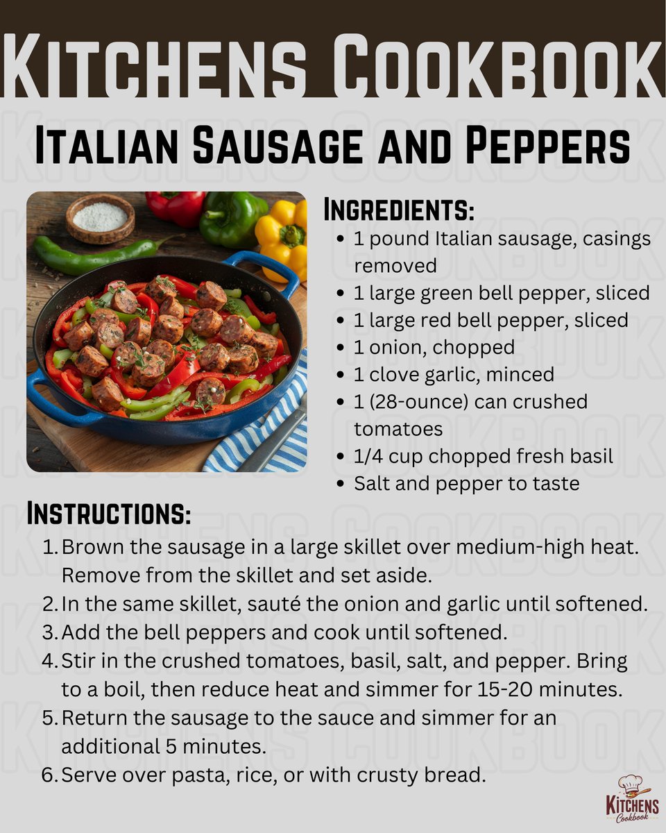 KitchnsCookBook's tweet photo. Craving a classic Italian-American dish? Try this easy sausage and peppers recipe! #sausagepeppers #italianamerican #recipe #homemade #dinner #foodie #instafood #easymeal https://t.co/fUTekD9m0l
