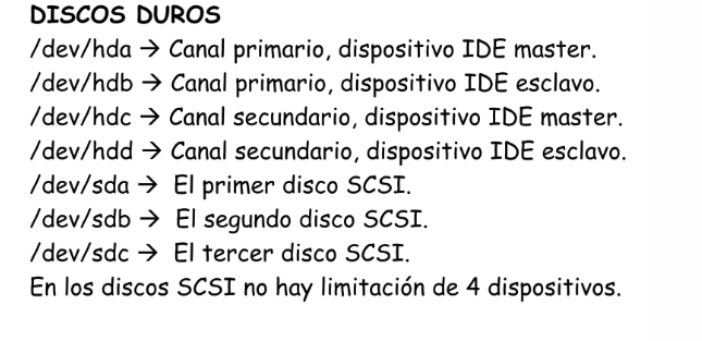 Nomenglatura de las unidades dentro de los sitemas GNU/LINUX:

- Agrupadas en unidades de:
  * Diskettes.
  * CDROM.
  * Discos duros.
  * USB.